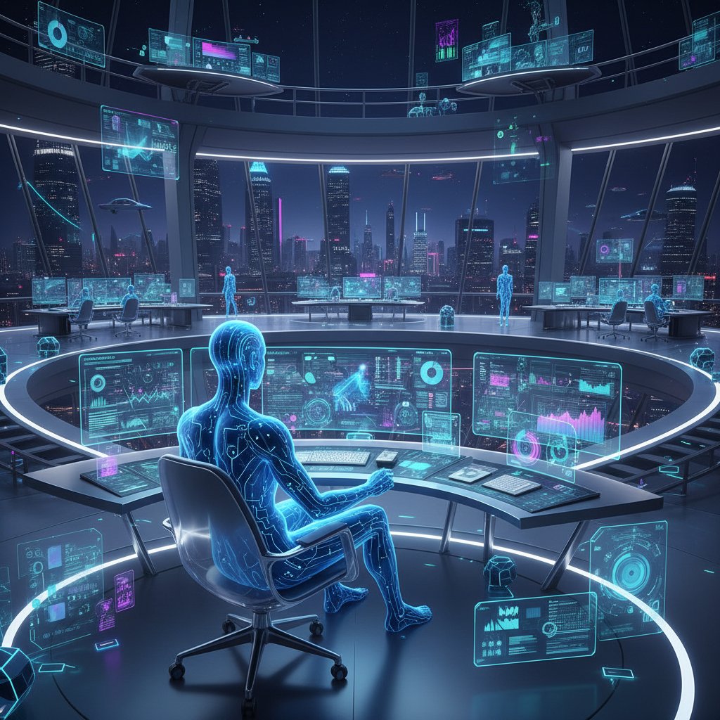 Nowoczesny awatar AI analizujący dane w futurystycznym biurze nocą