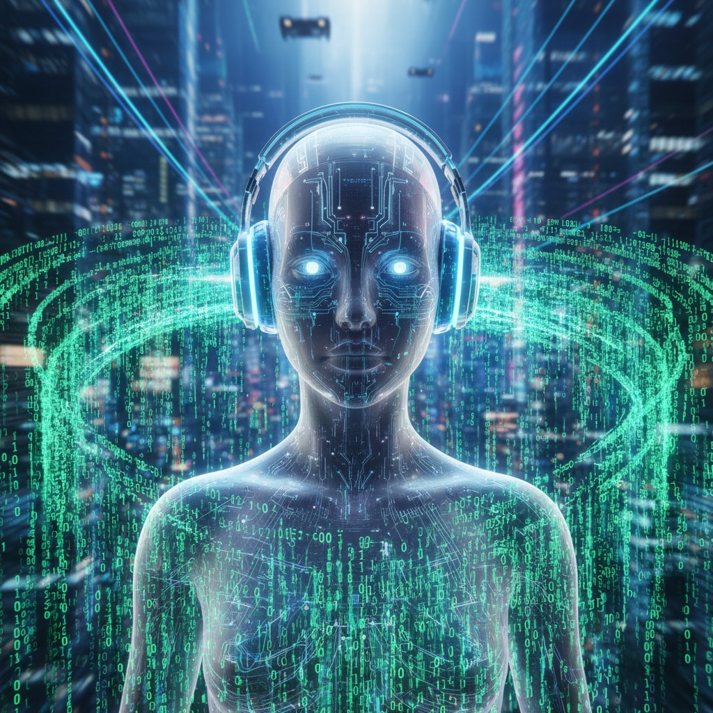 Futurystyczny awatar AI z słuchawkami, tło z kodem