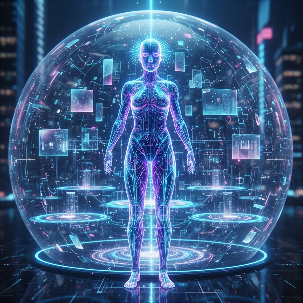 Przyszłościowy avatar AI w wirtualnej rzeczywistości, holograficzna interakcja