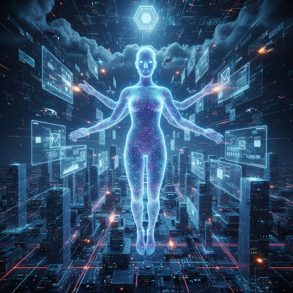 Wirtualny pracownik AI zarządzający pocztą e-mail, futurystyczna scena, cyfrowe miasto