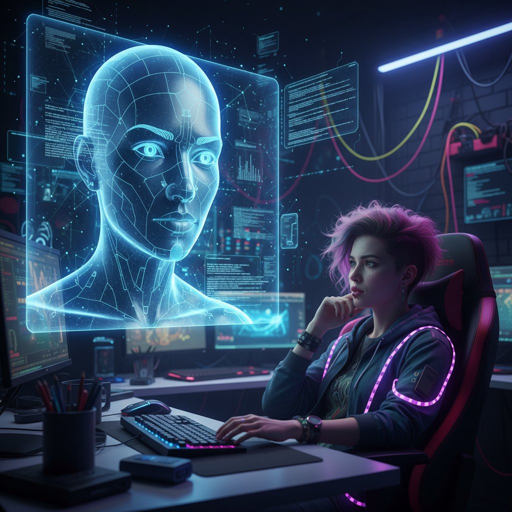 Ein Schüler steht KI-Tutor am Bildschirm skeptisch gegenüber – Symbol für den Wandel der Nachhilfe.