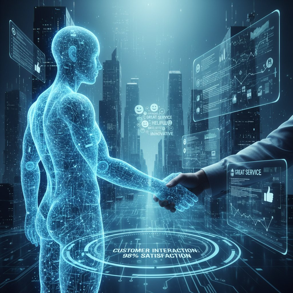 Futuristic AI chatbot and human shaking hands in digital landscape, symbolizing partnership in customer feedback