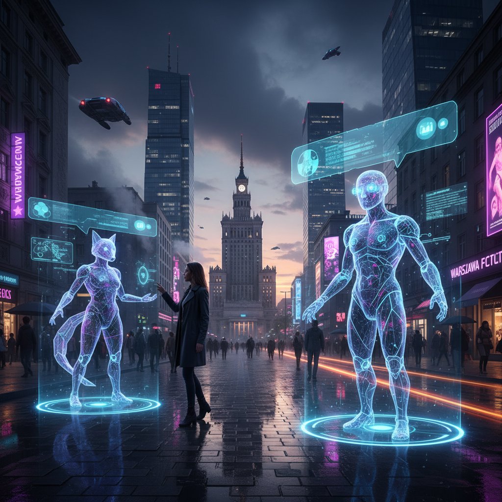 Dwie futurystyczne awatary AI – ChatGPT i Bard – rywalizują na ulicach Warszawy o zmierzchu, dramatyczne światło, nowoczesna sceneria