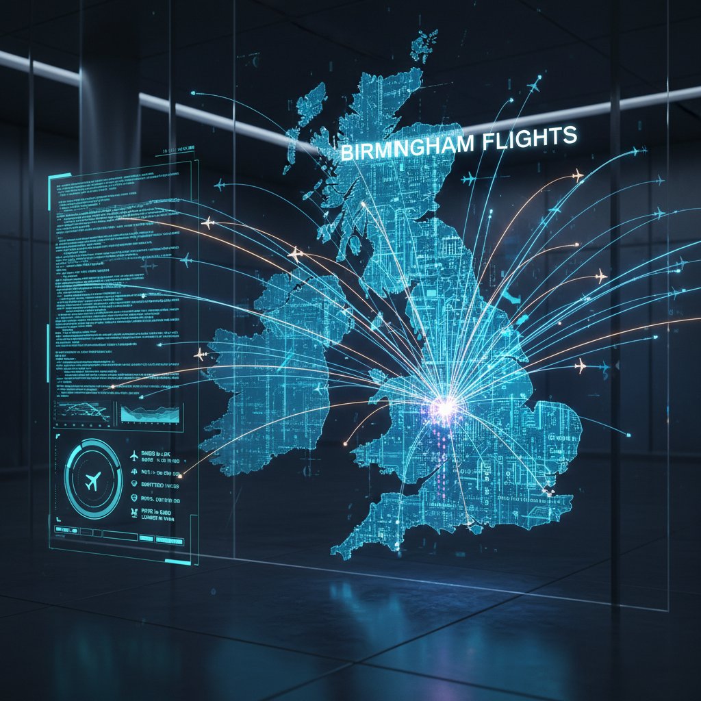 Futuristic AI code blending into map of UK, visualizing flight data to Birmingham