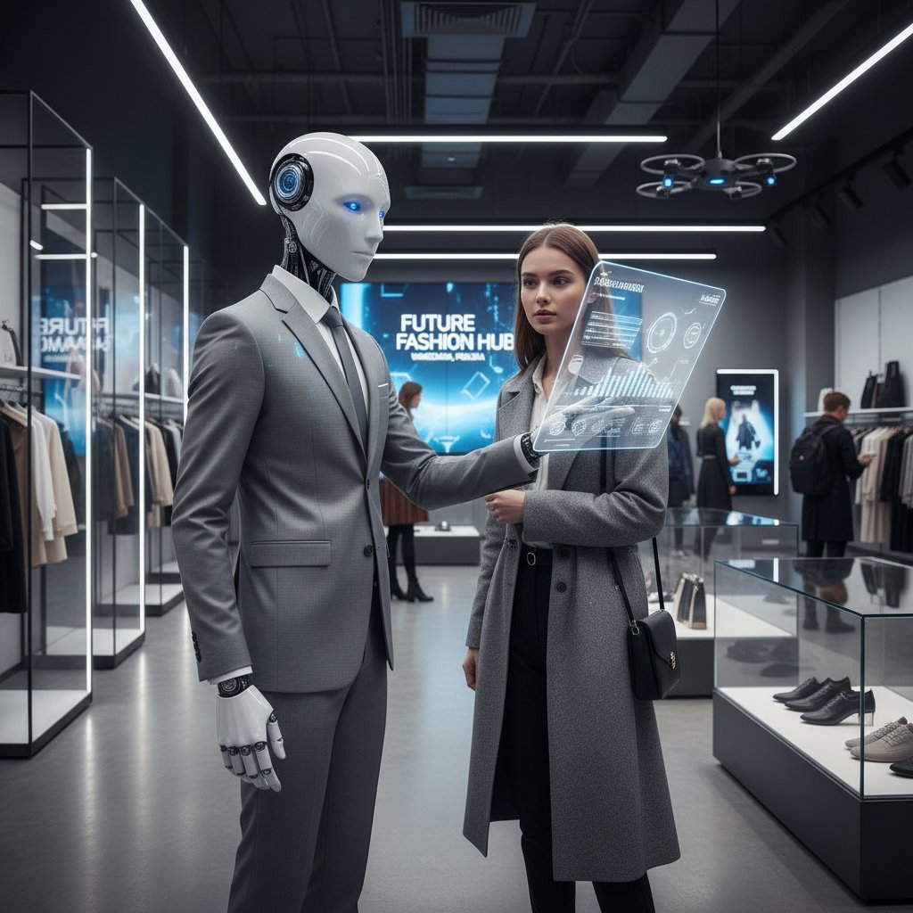 Futurystyczna scena sklepu detalicznego w Polsce, gdzie AI konsultant obsługuje klientów wśród ludzi