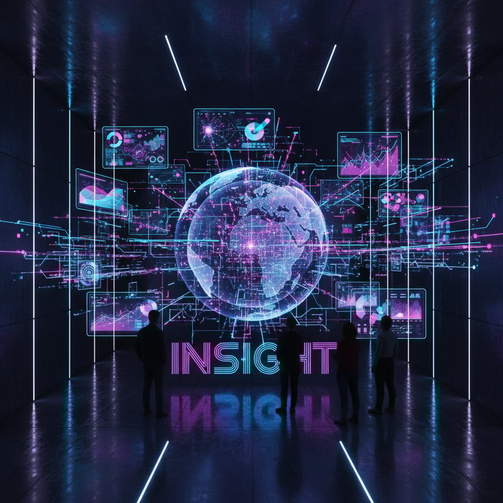 Futuristic AI data visualization, neon lighting, symbolic of deep insight and advanced analytics in performance reporting