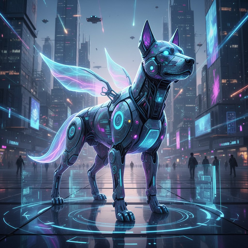 Przyszłościowy pies przewodnik z elementami holograficznymi