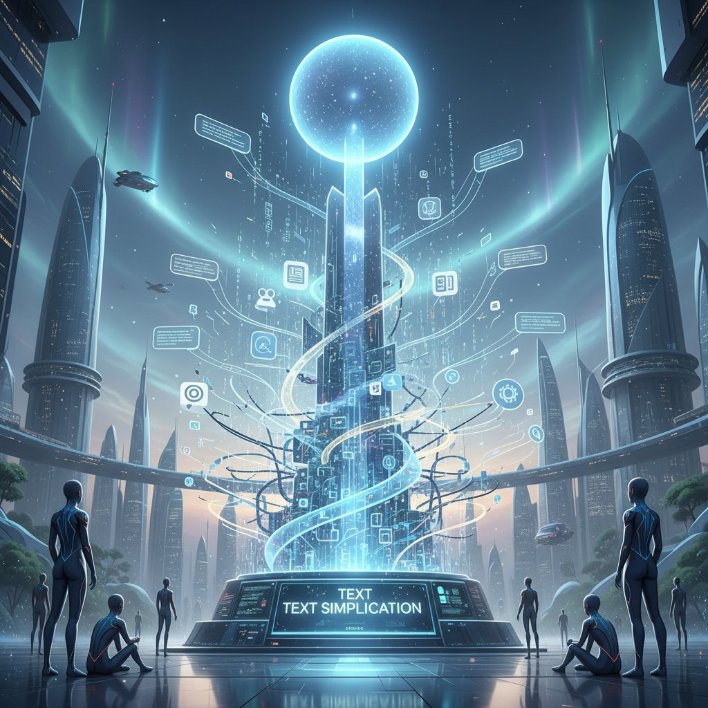 Futuristic editorial illustration of AI evolution, symbolizing the dynamic future of tools for simplifying complex texts.
