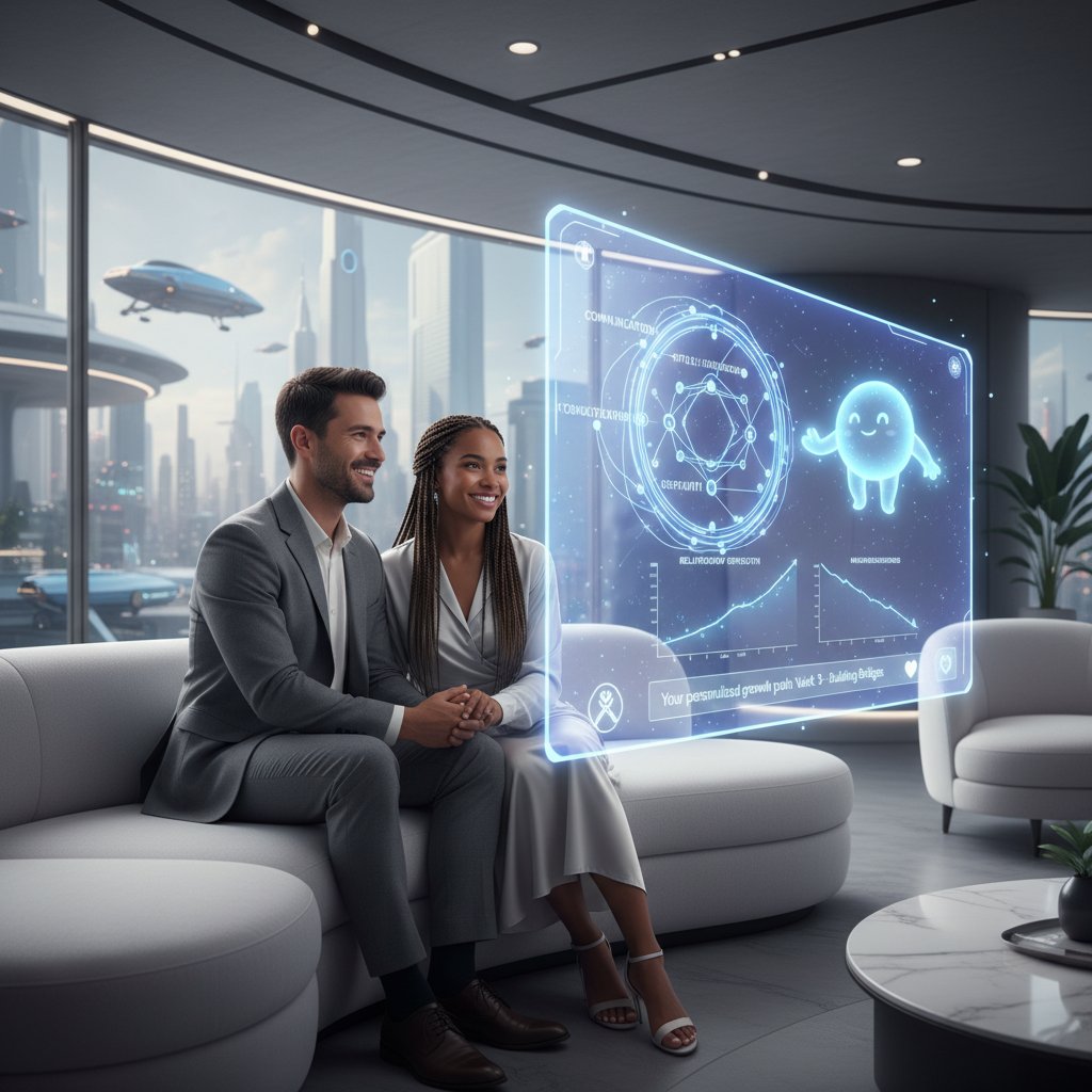 Digital assistant helping two people improve their relationship in a futuristic setting, AI interface, relationship coaching