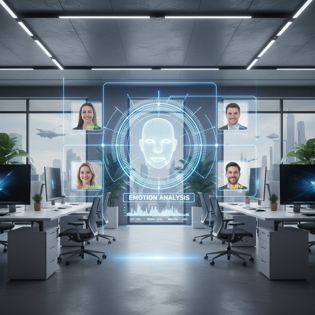 Nowoczesny interfejs AI analizujący emocje rozmówcy, futurystyczne biuro z ekranami i sensorami