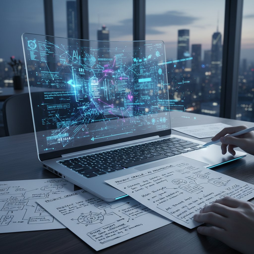 AI w copywritingu – futurystyczny interfejs AI obok notatek ręcznych copywritera