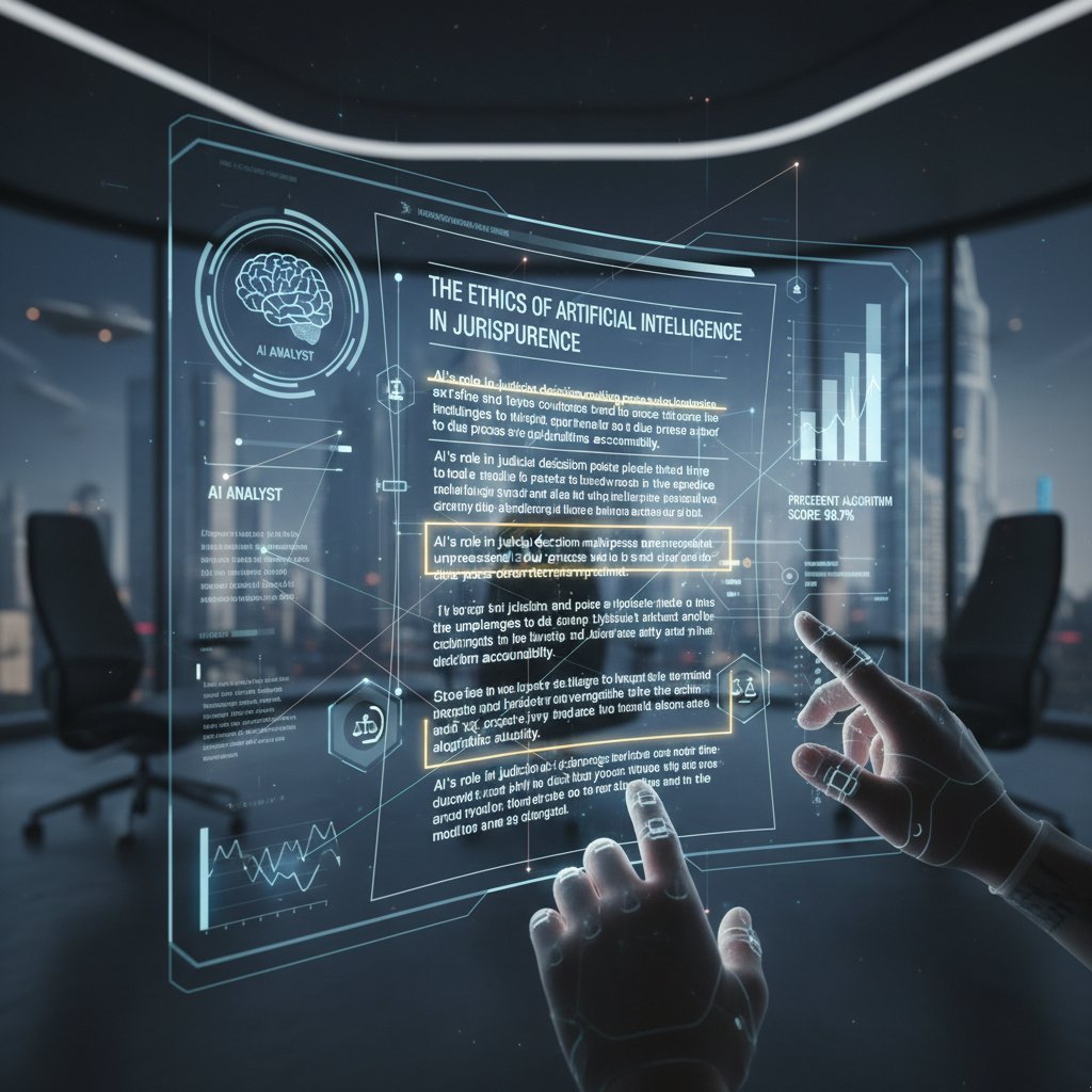 Interfejs sztucznej inteligencji wyszukujący akty prawne, futurystyczny styl, podświetlony fragment artykułu