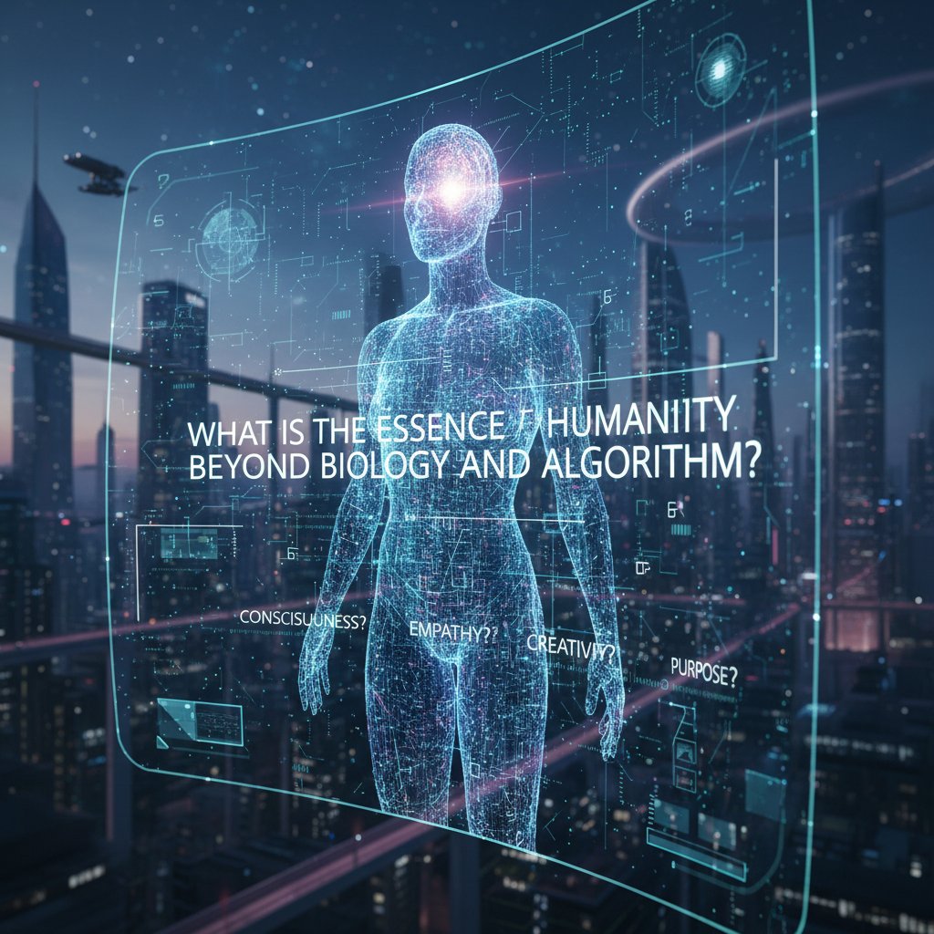 Interfejs AI zadający filozoficzne pytanie człowiekowi, nowoczesny ekran, filozofia przyszłości