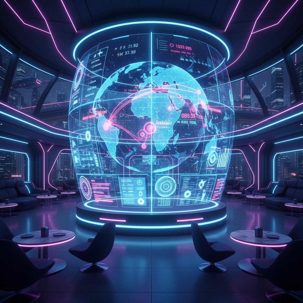 Futuristic AI interface showing real-time airfare analytics, neon airport lounge scene