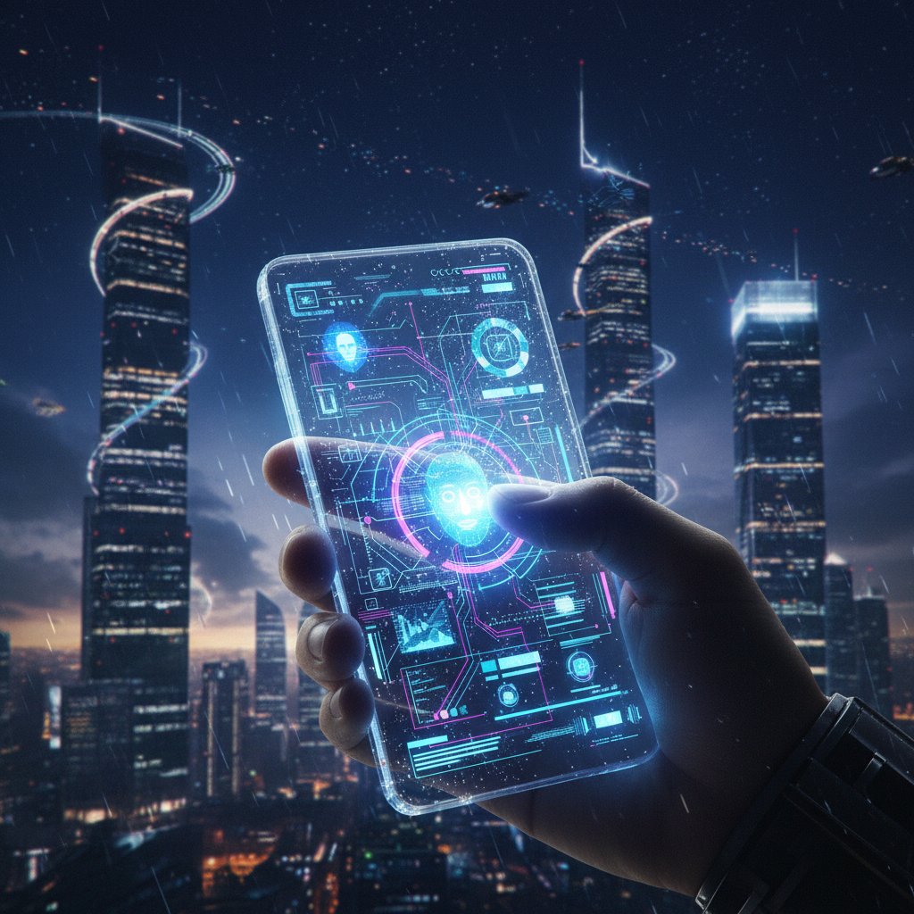 Nowoczesny interfejs AI na smartfonie jako wsparcie emocjonalne, nocny widok miasta, wysoki kontrast, 16:9