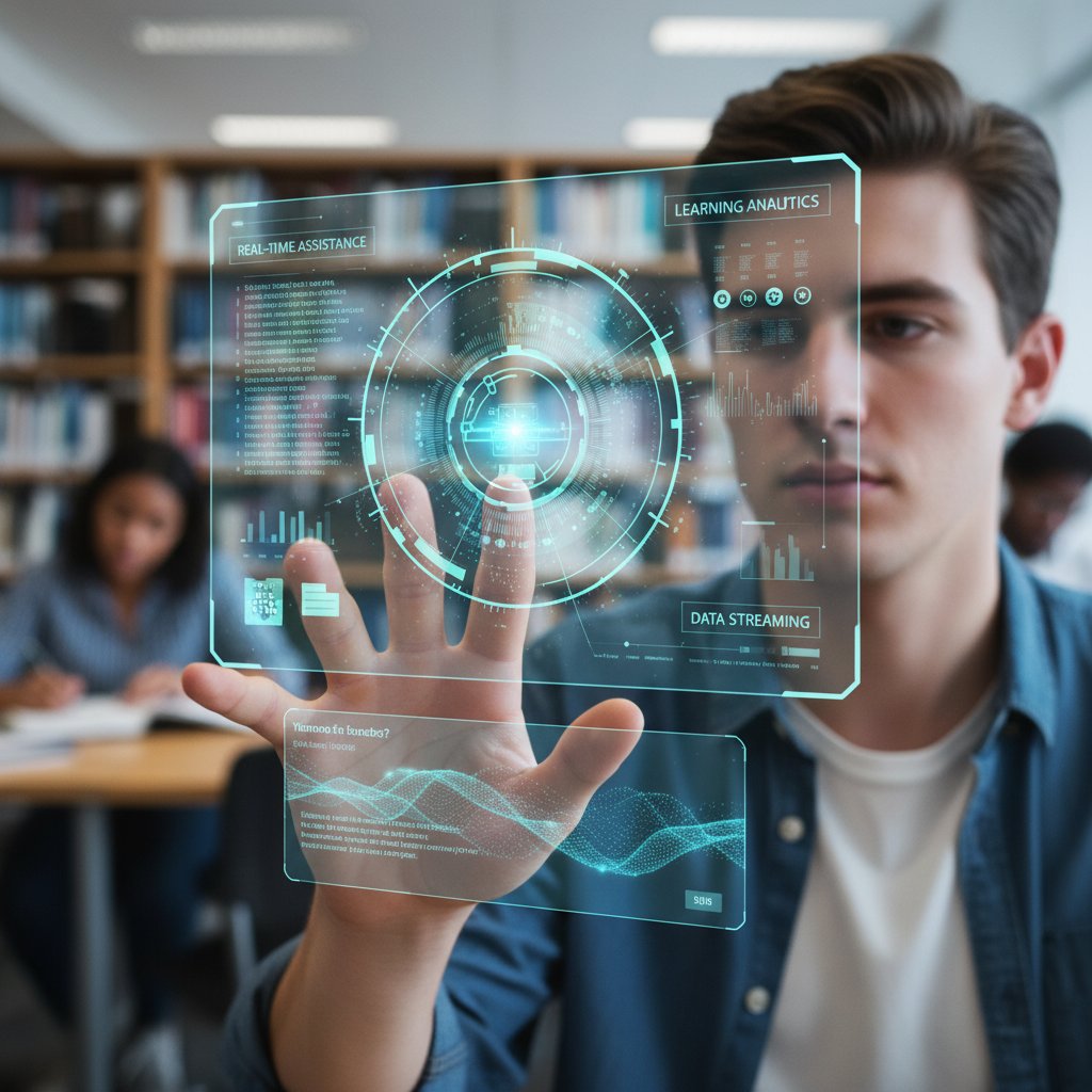 Futuristische Szene: Ein Schüler erhält in Echtzeit Unterstützung von einer KI, Datenströme sichtbar.