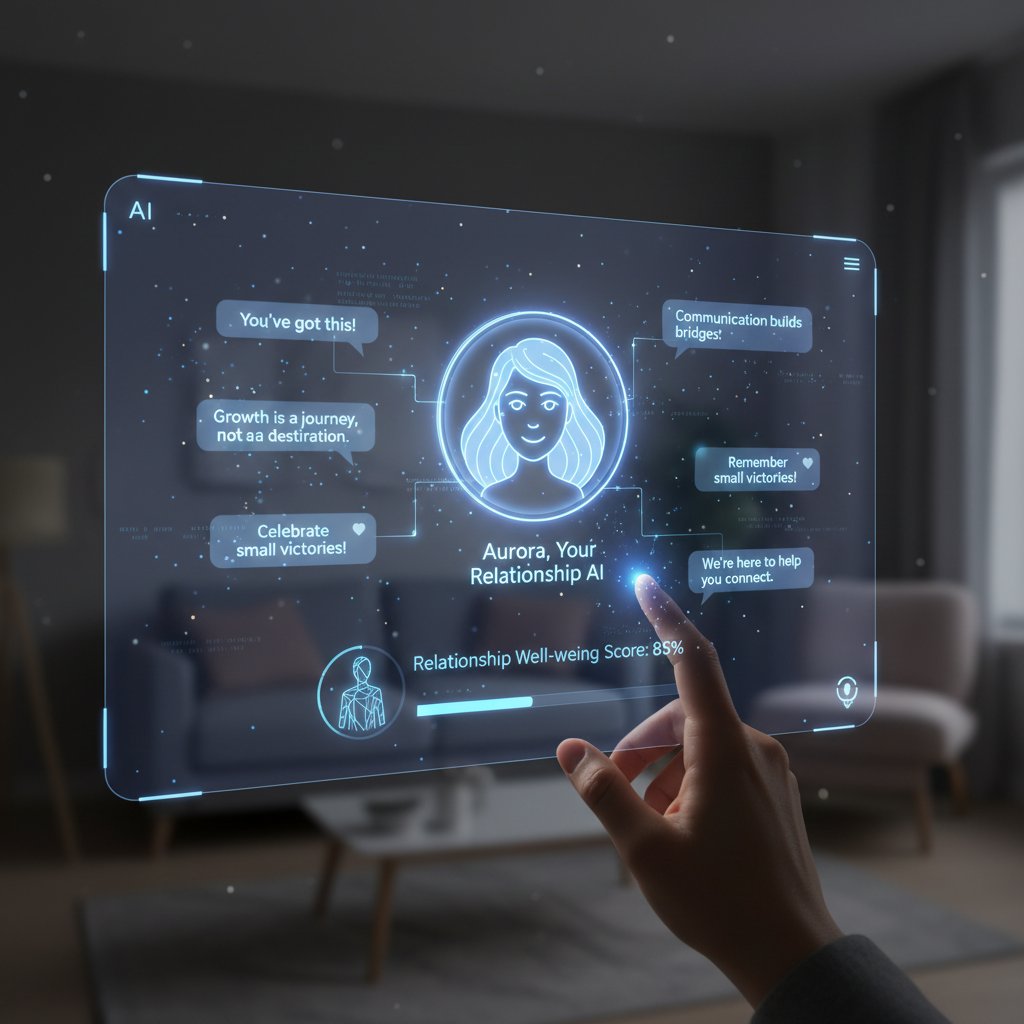 Futuristic AI interface offering supportive messages to a user, representing AI relationship coaching and personalized advice