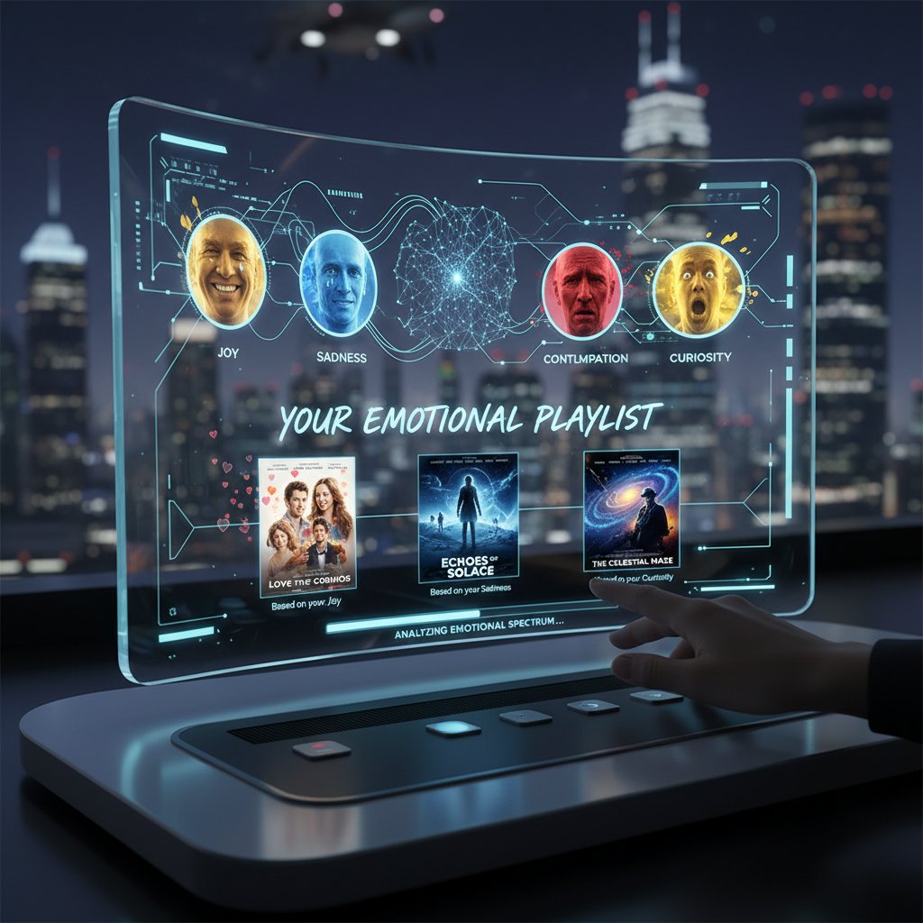 Futuristic AI interface analyzing user emotions and preferences, sleek immersive style, personalized film recommendations adapting to mood