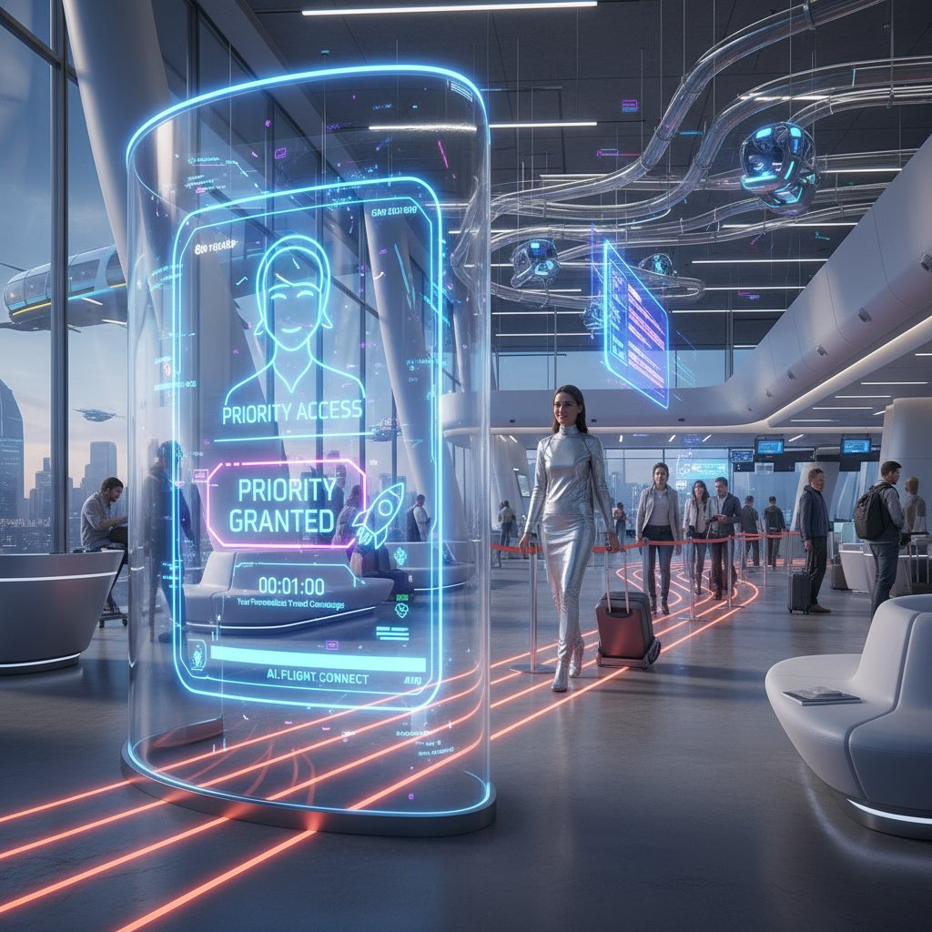 Sztuczna inteligencja wspierająca podróżnego w omijaniu kolejki na lotnisku.