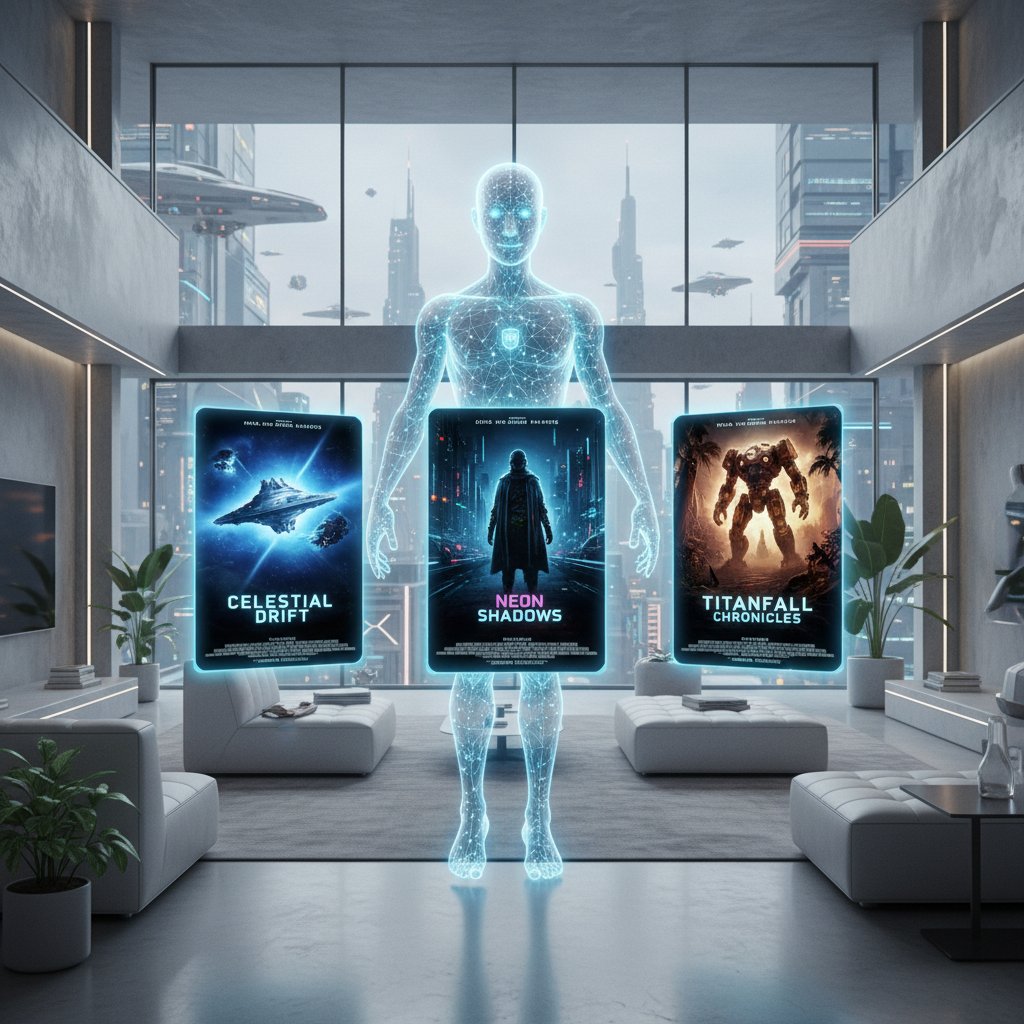 Futuristic AI-powered movie recommendation assistant, showing holographic movie posters and a high-tech home environment