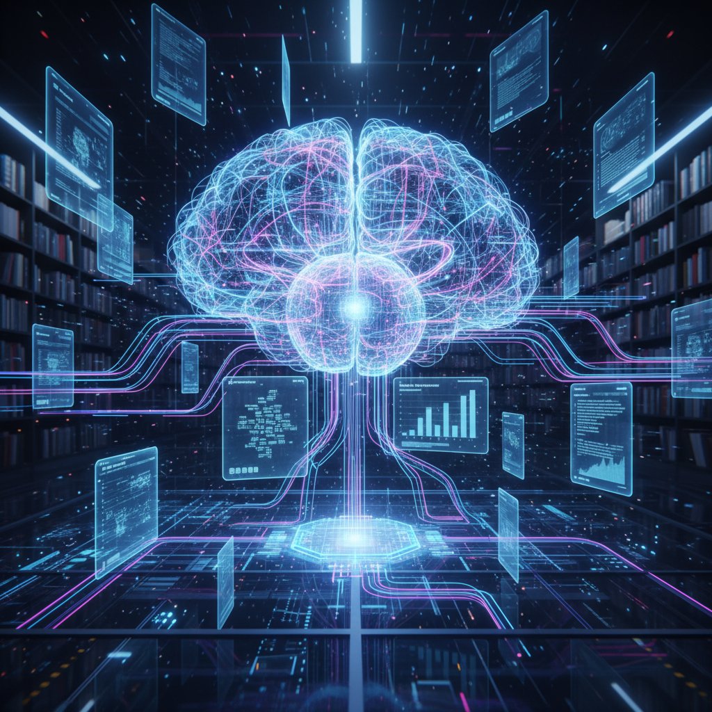 Futuristic AI neural network with academic papers floating through digital pipelines, surreal and high-contrast