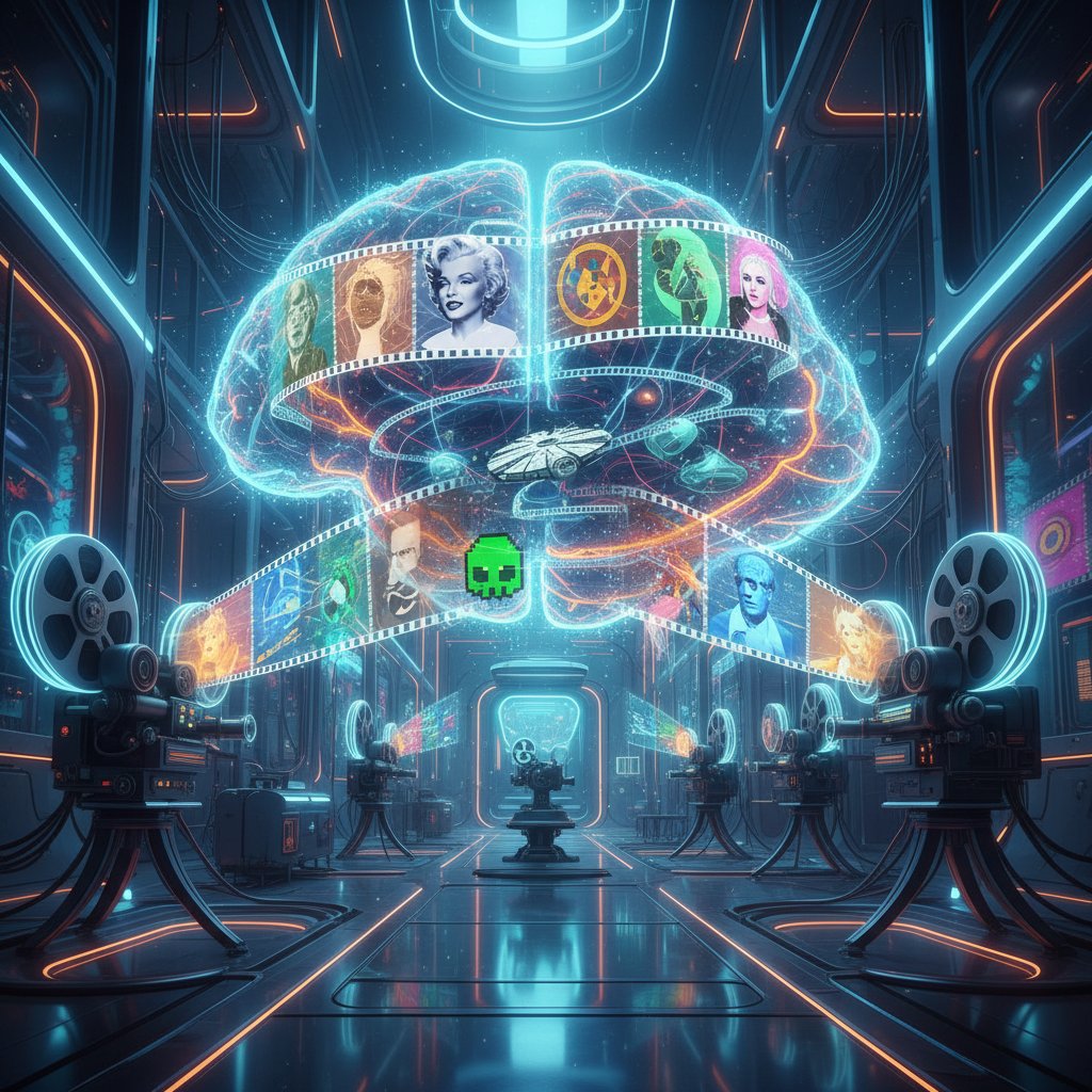 Futuristic abstract visualization of AI neural networks morphing into film reels and pop culture icons, vibrant and symbolic