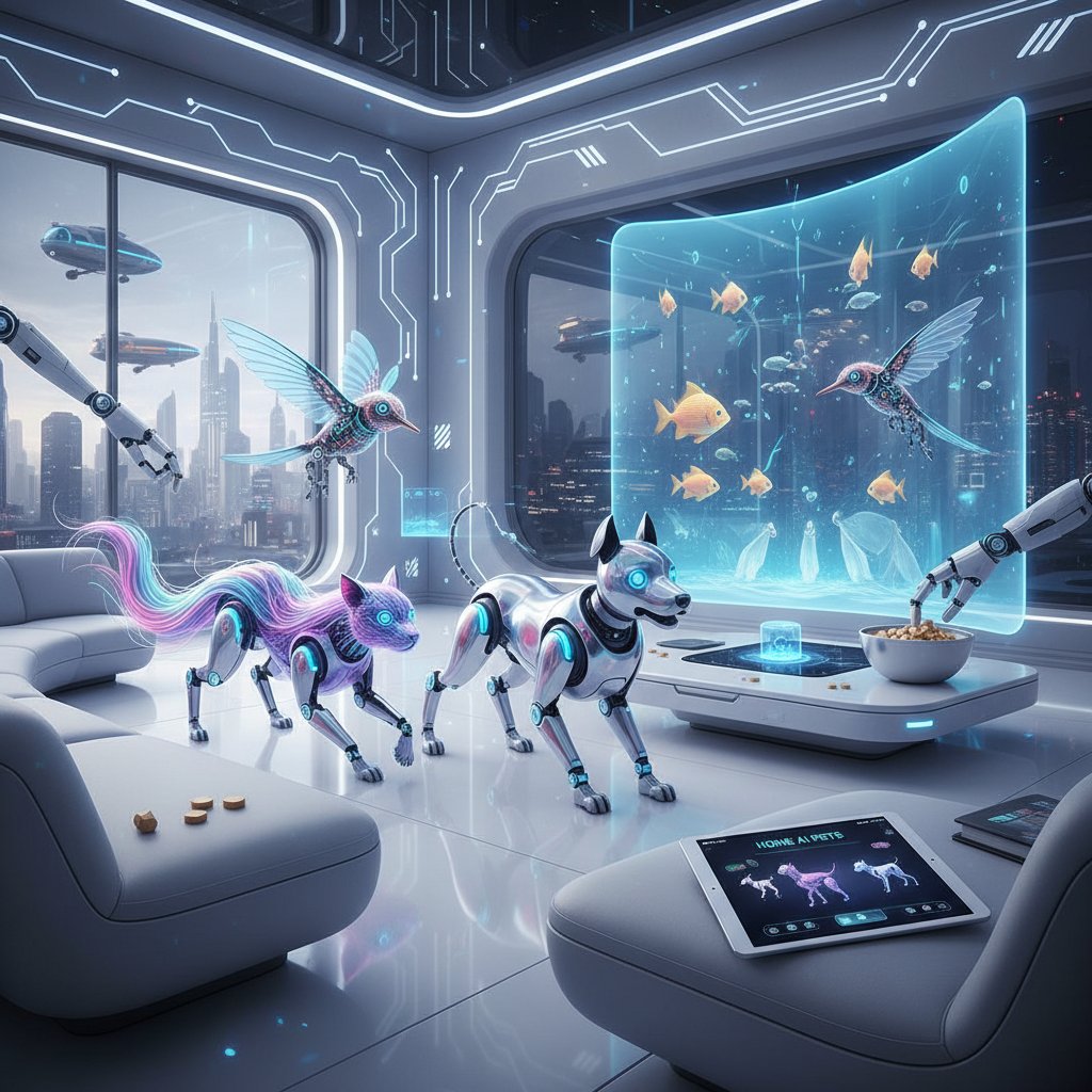 Wizja przyszłości wirtualnych zwierząt w inteligentnym domu, AI pets, nowoczesne wnętrze