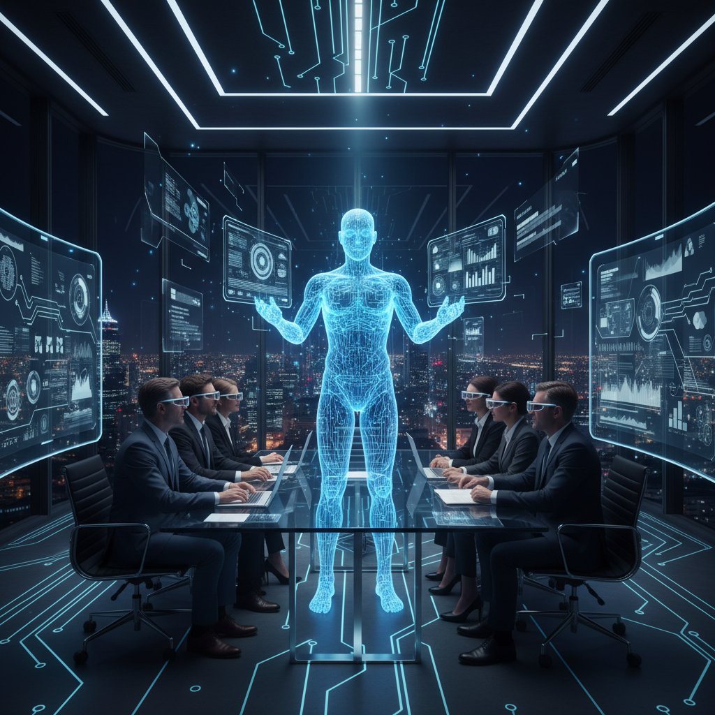 Nowoczesne biuro z chatbotem AI integrującym się z zespołem biznesowym