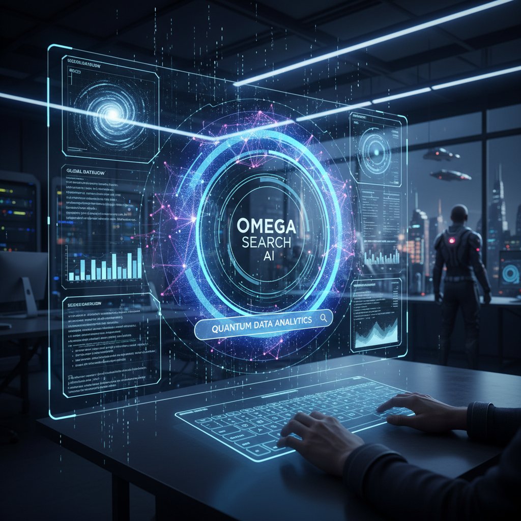 Futurystyczny interfejs wyszukiwania z AI, osoba przeglądająca wyniki na nowoczesnym ekranie