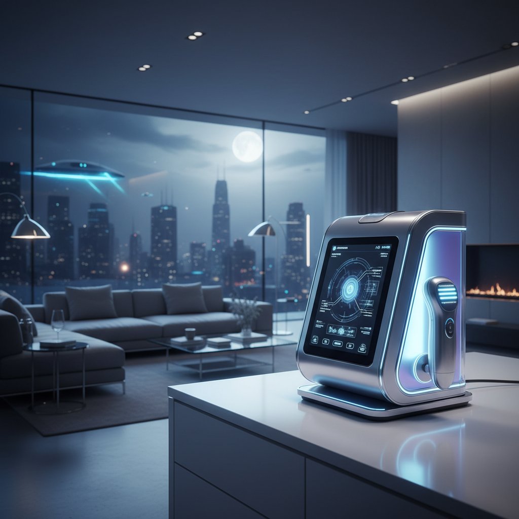 Futurystyczne urządzenie AI do pielęgnacji skóry w nowoczesnym domu, chłodne odcienie, ujędrnianie skóry