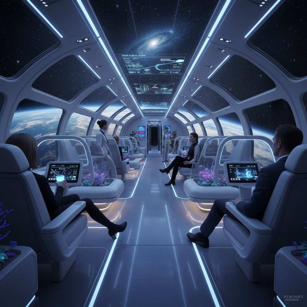 Futuristic airplane cabin with panoramic windows, representing the evolving world of window seat flights