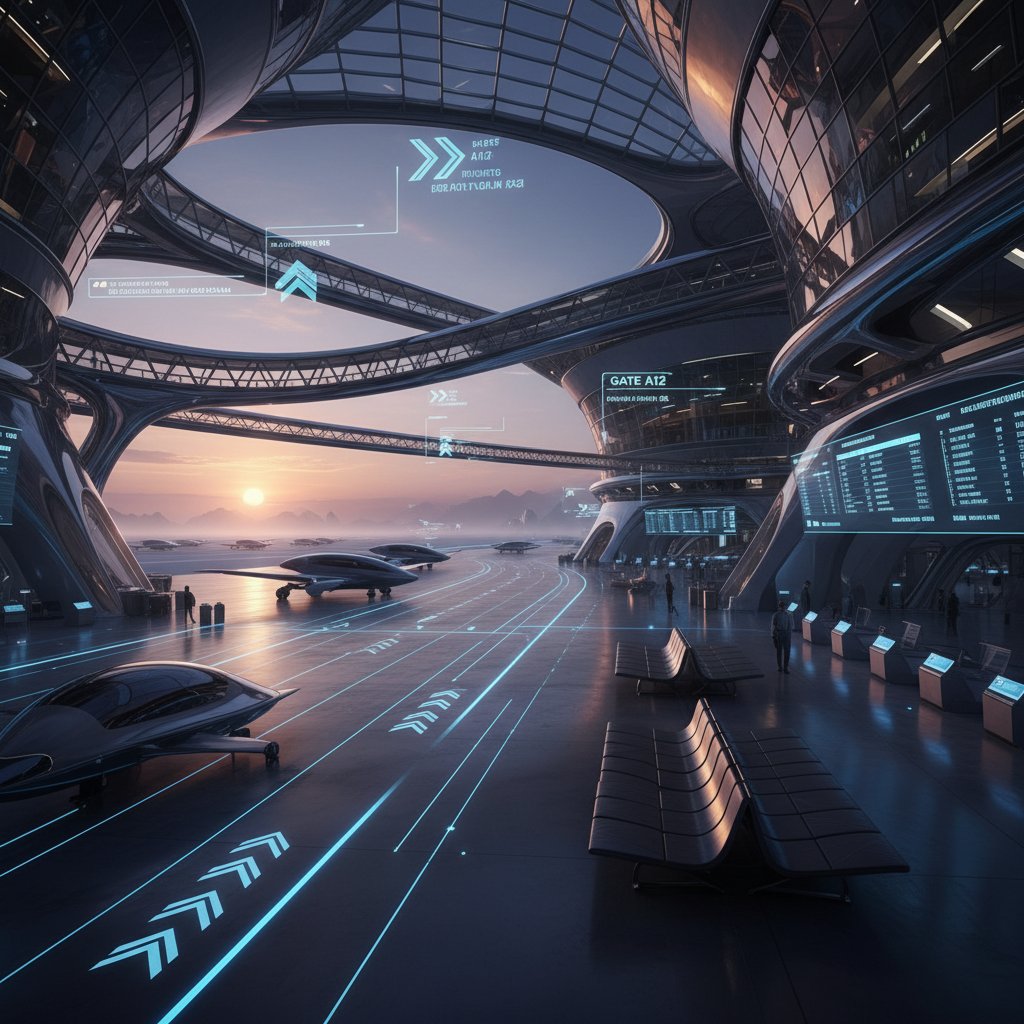 AI transforms weekday air travel, reducing Monday morning crowds, futuristic airport, sunrise, minimal travelers
