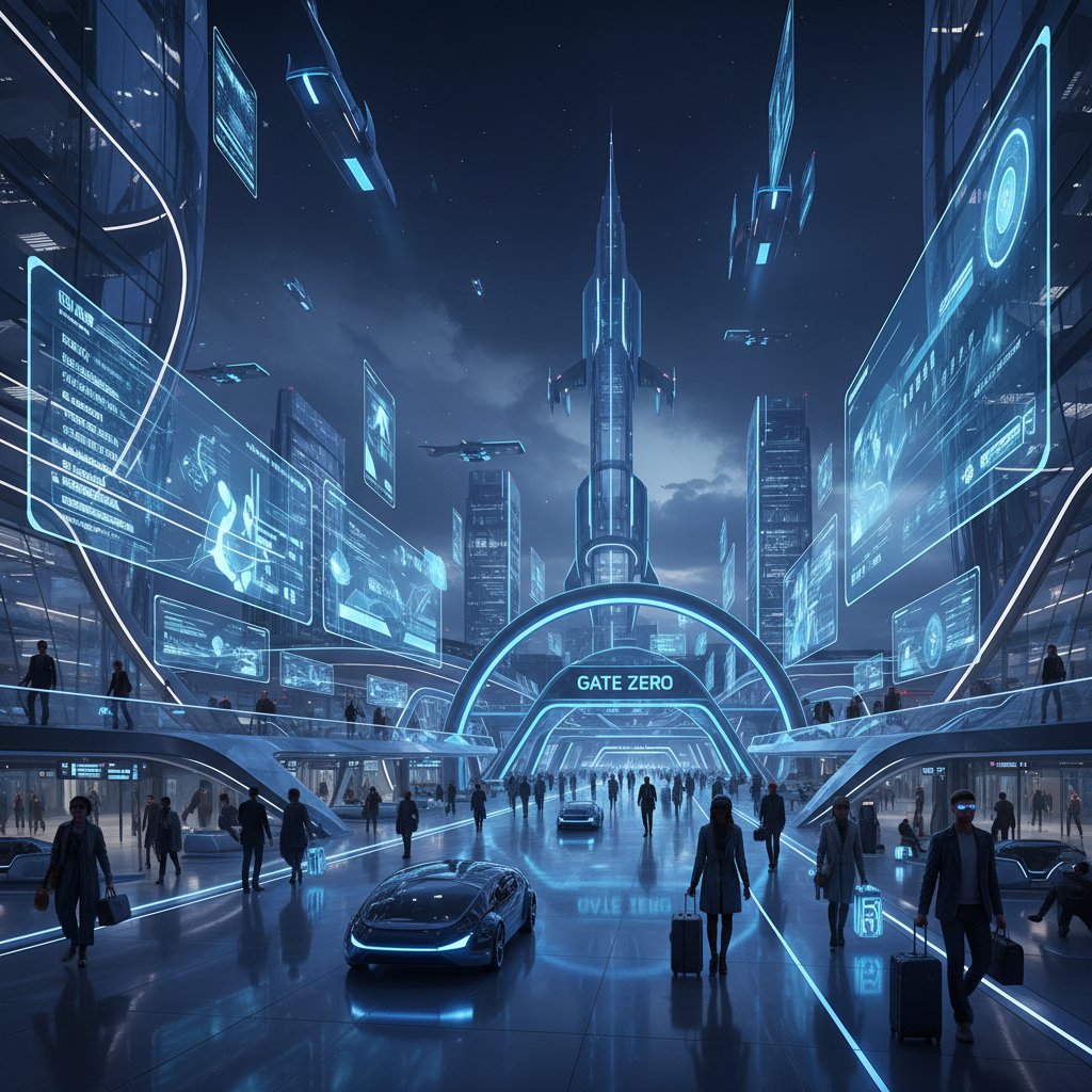 Futuristic interface overlay on airport scene, travelers interacting with digital screens, symbolizing AI-powered flight search