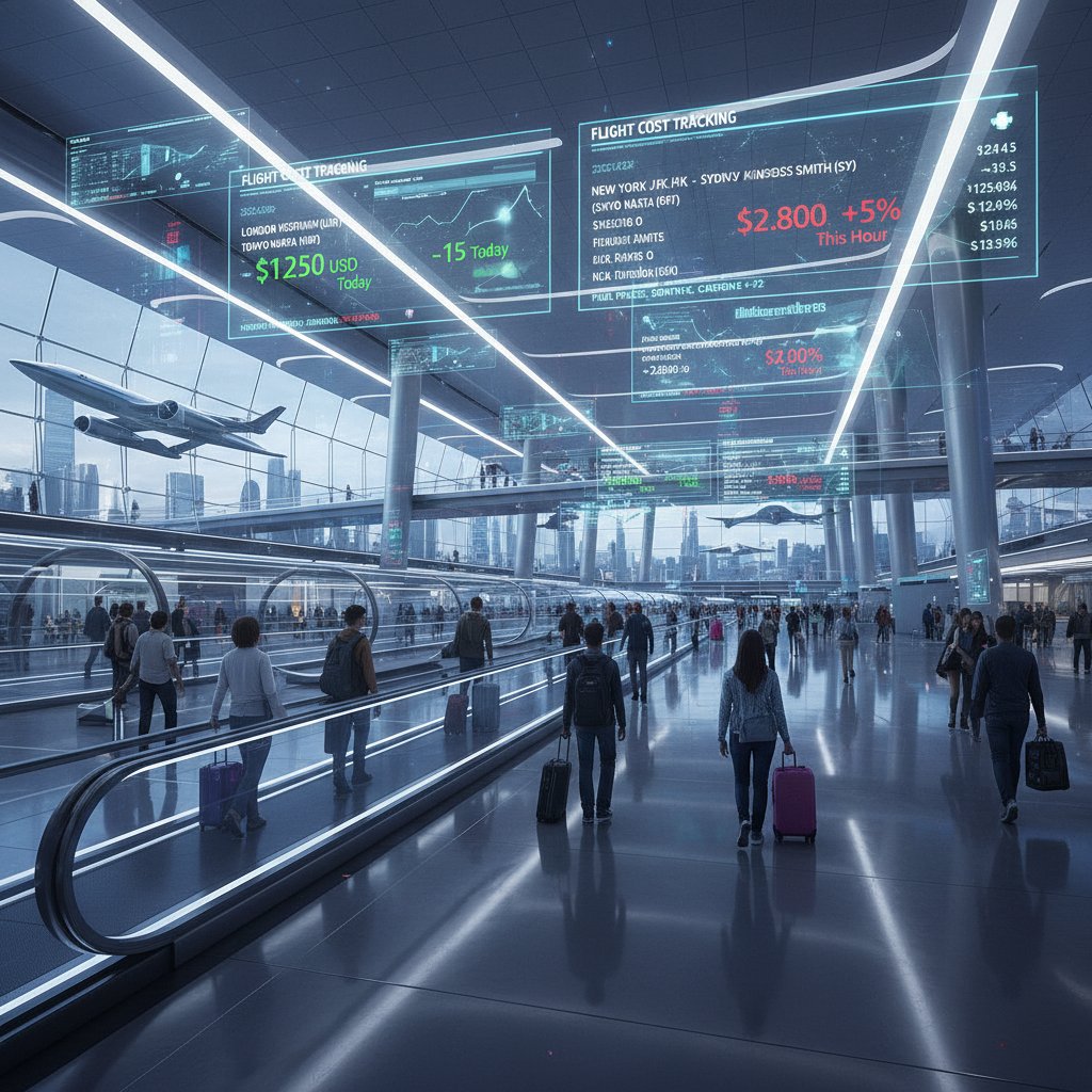 Futuristic airport with digital overlays, vibrant colors, hopeful mood, AI flight cost tracking