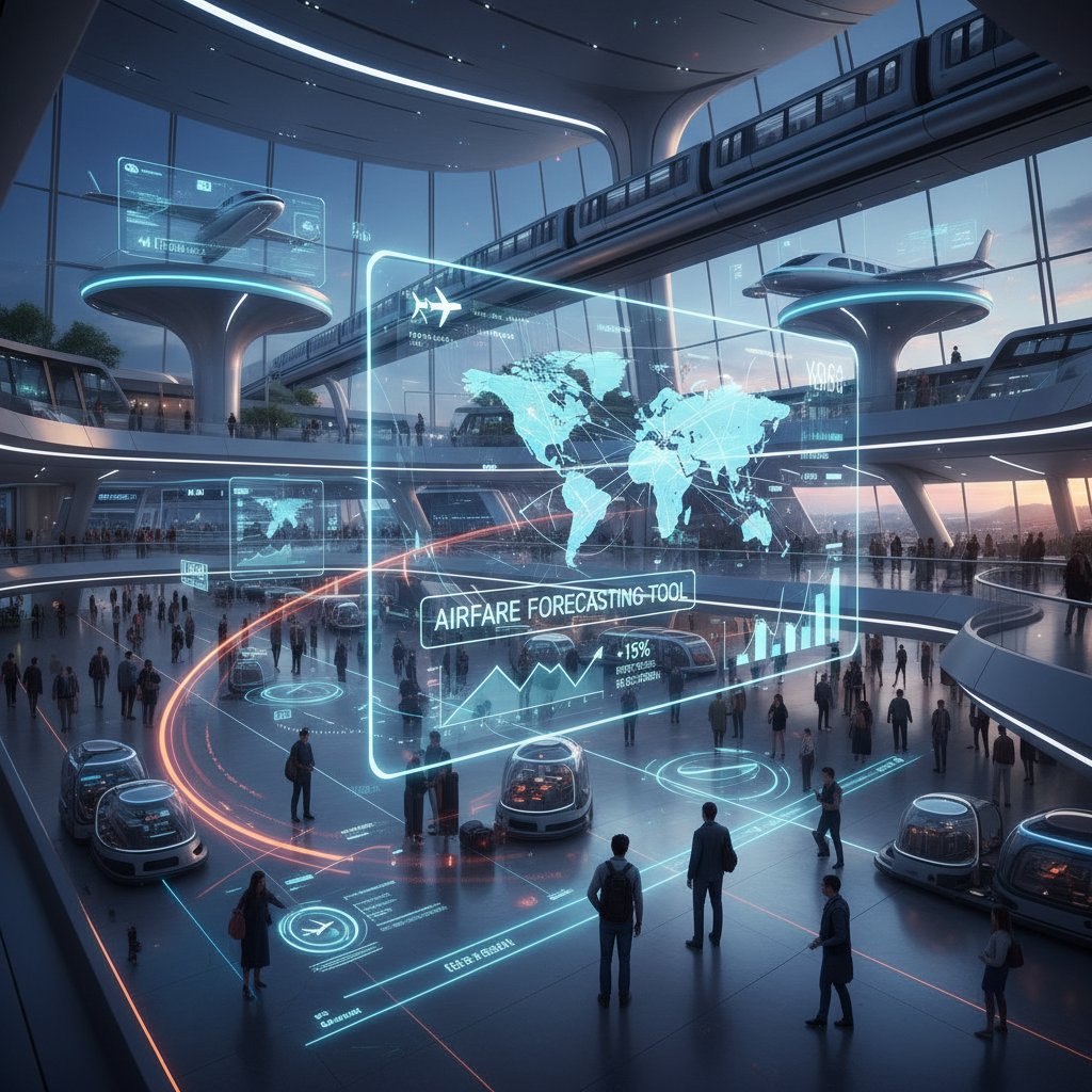 Futuristic airport with predictive analytics displays and digital overlays, symbolizing the next wave of airfare forecasting tool technology