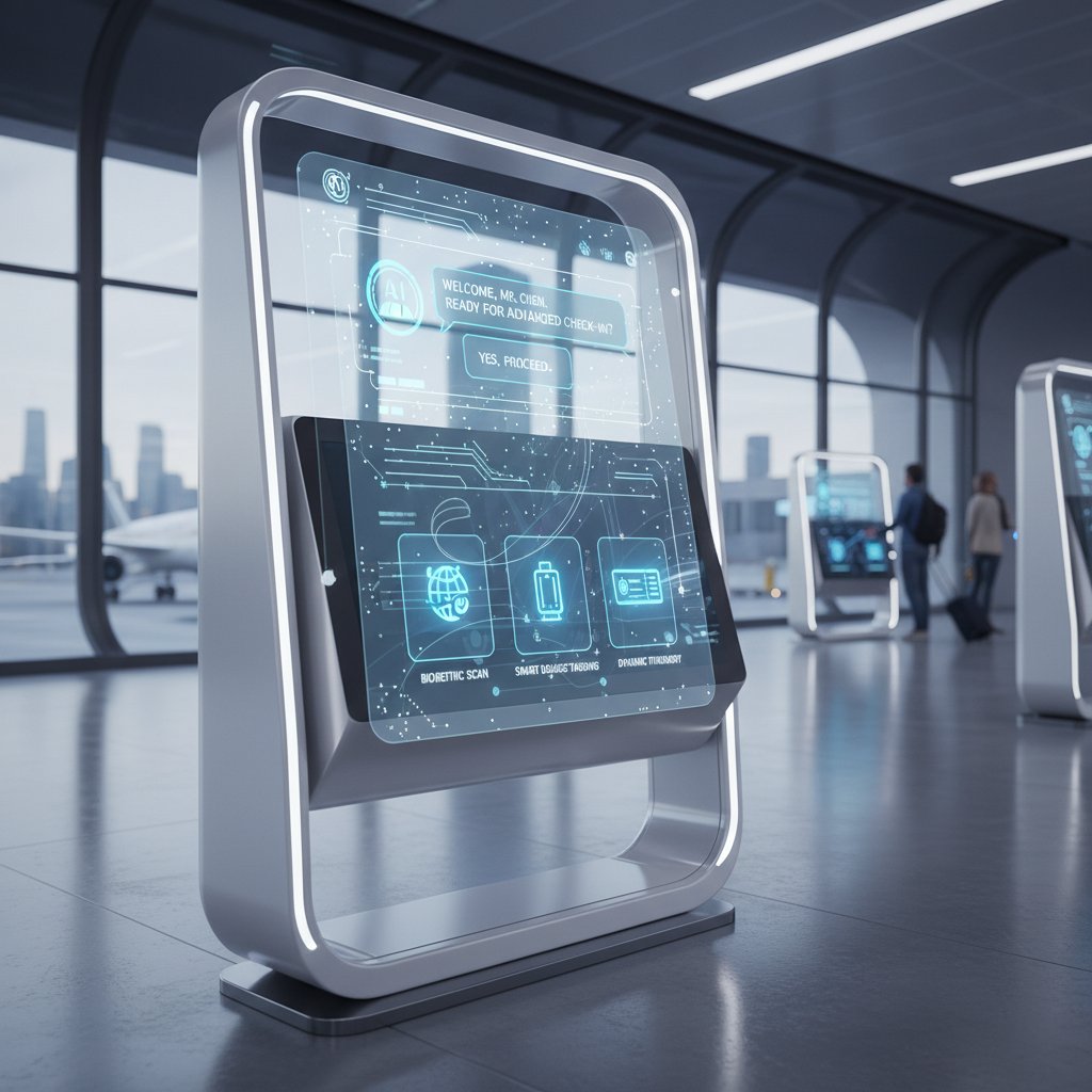 AI-driven airport kiosk with dynamic conversation, futuristic rendering