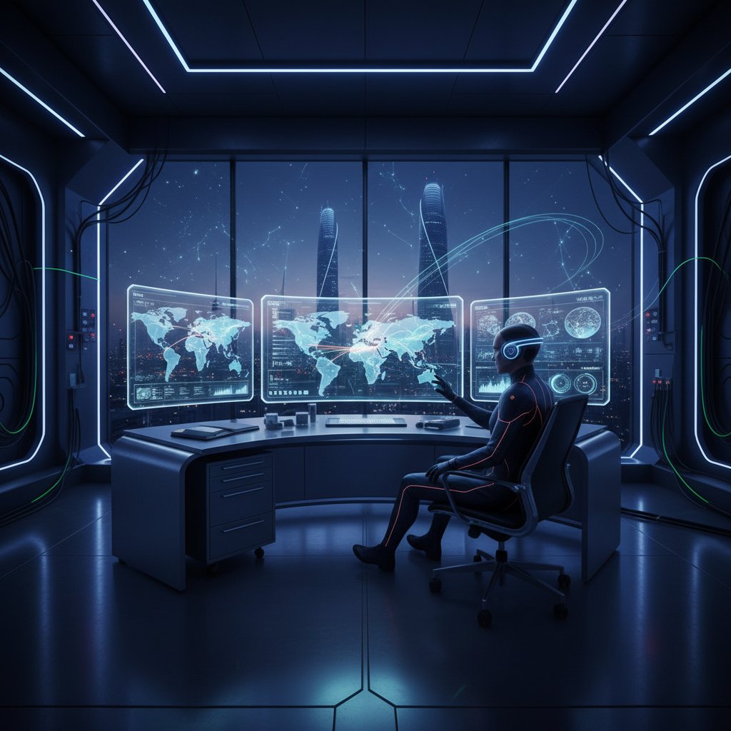 Futuristic analyst workspace with global digital maps and moody lighting, 16:9