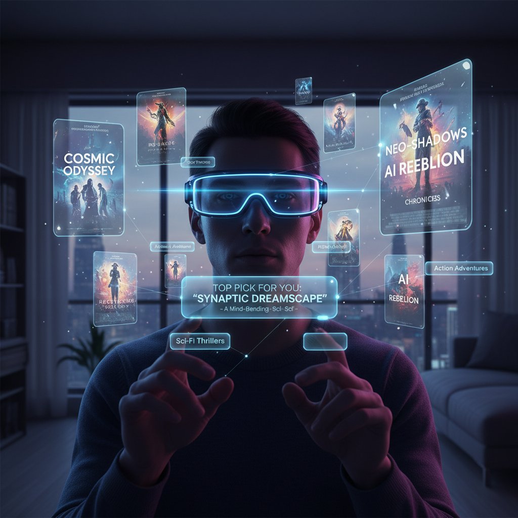 Futuristic scene of a person wearing AR glasses, surrounded by floating movie posters and AI-generated film suggestions, representing the immersive future of movie recommendation technology