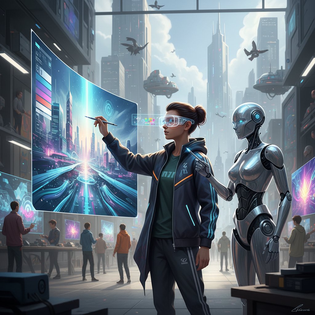 Student i AI wspólnie tworzący sztukę cyfrową, futurystyczna wizja współpracy człowieka i algorytmu – edukacja artystyczna online