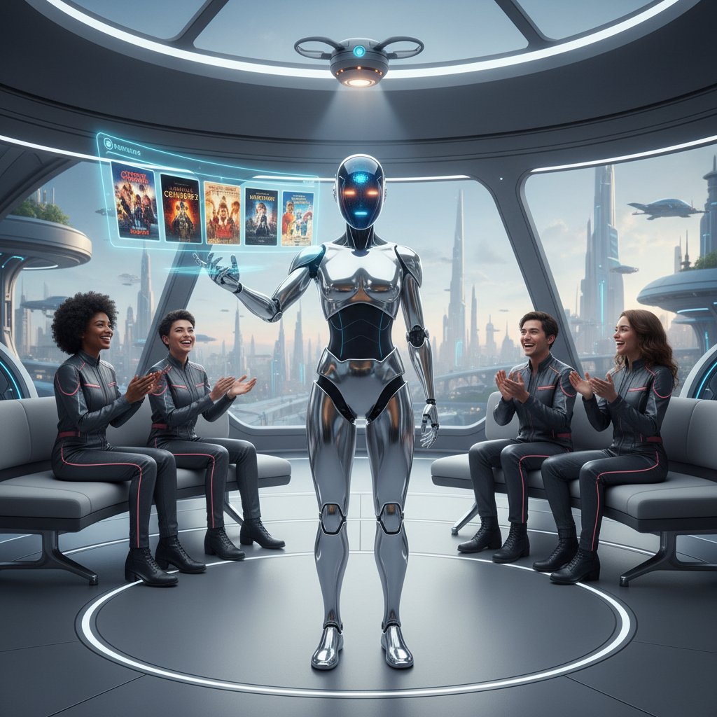 Futuristic assistant suggesting movies to a diverse group, glowing screens, playful mood