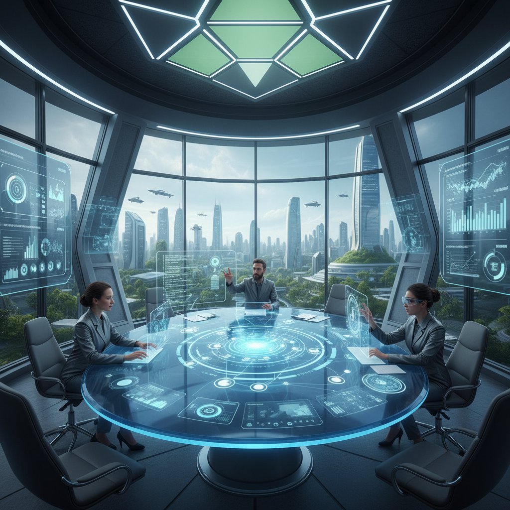 Futuristic nonprofit boardroom with advanced digital collaboration tools in use