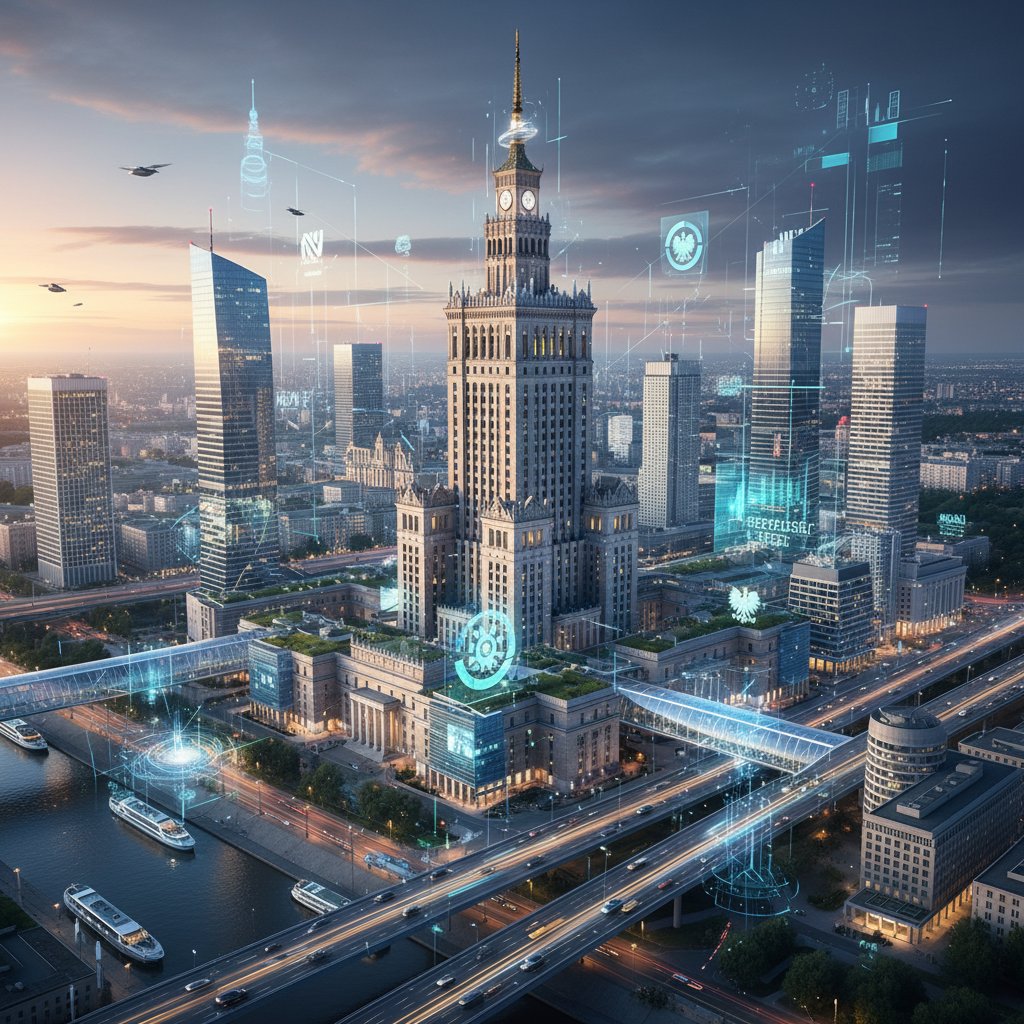 Nowoczesna panorama Warszawy z cyfrowymi elementami doradztwa biznesowego