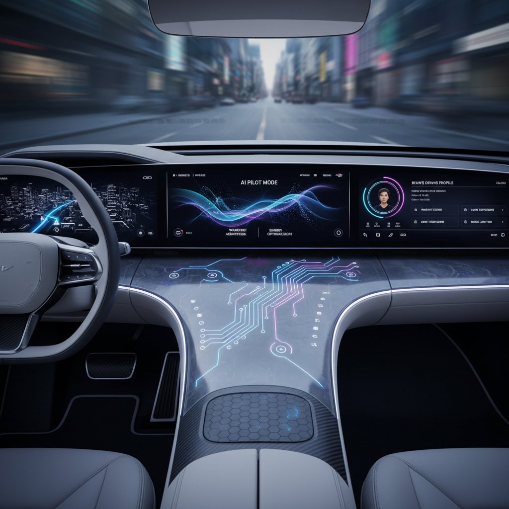 Close-up of futuristic car dashboard, AI-driven controls, haptic feedback, personalized display