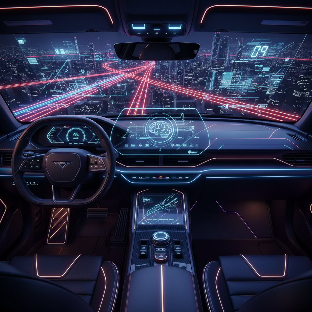Futuristic car dashboard with AI interface, neon-lit, sharp detail, 16:9