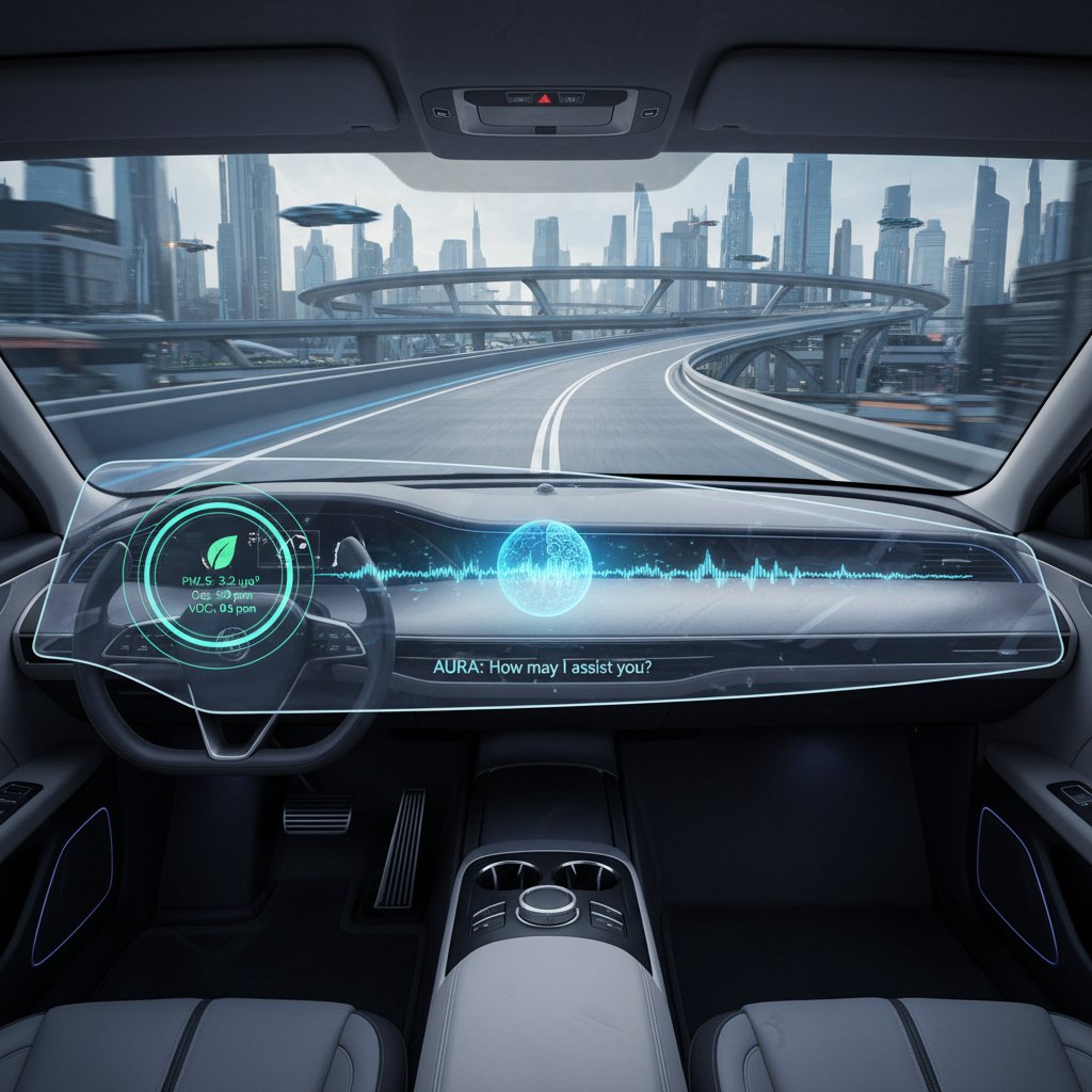 Next-generation car dashboard displaying live air quality metrics and AI-powered fresh air features
