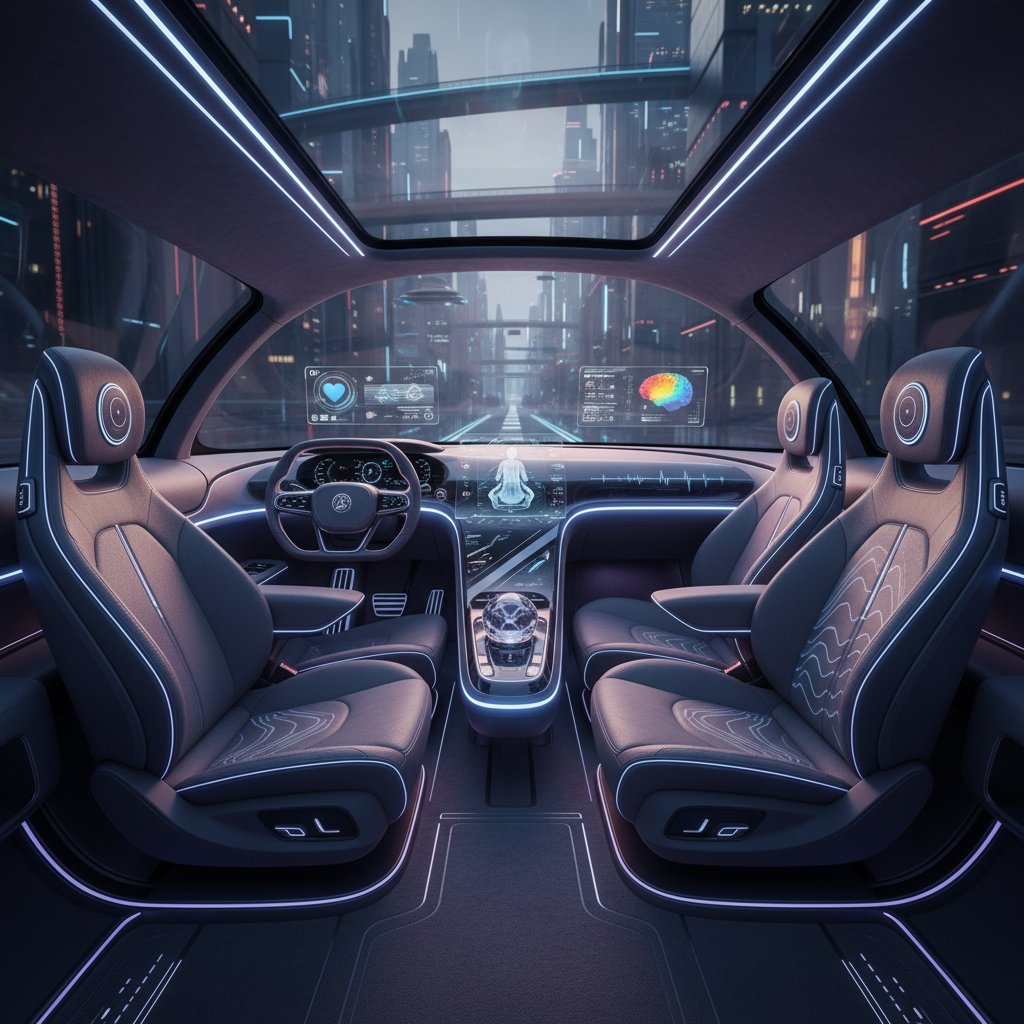 Futuristic car interior with illuminated biometric sensors and ambient lighting, imaginative.