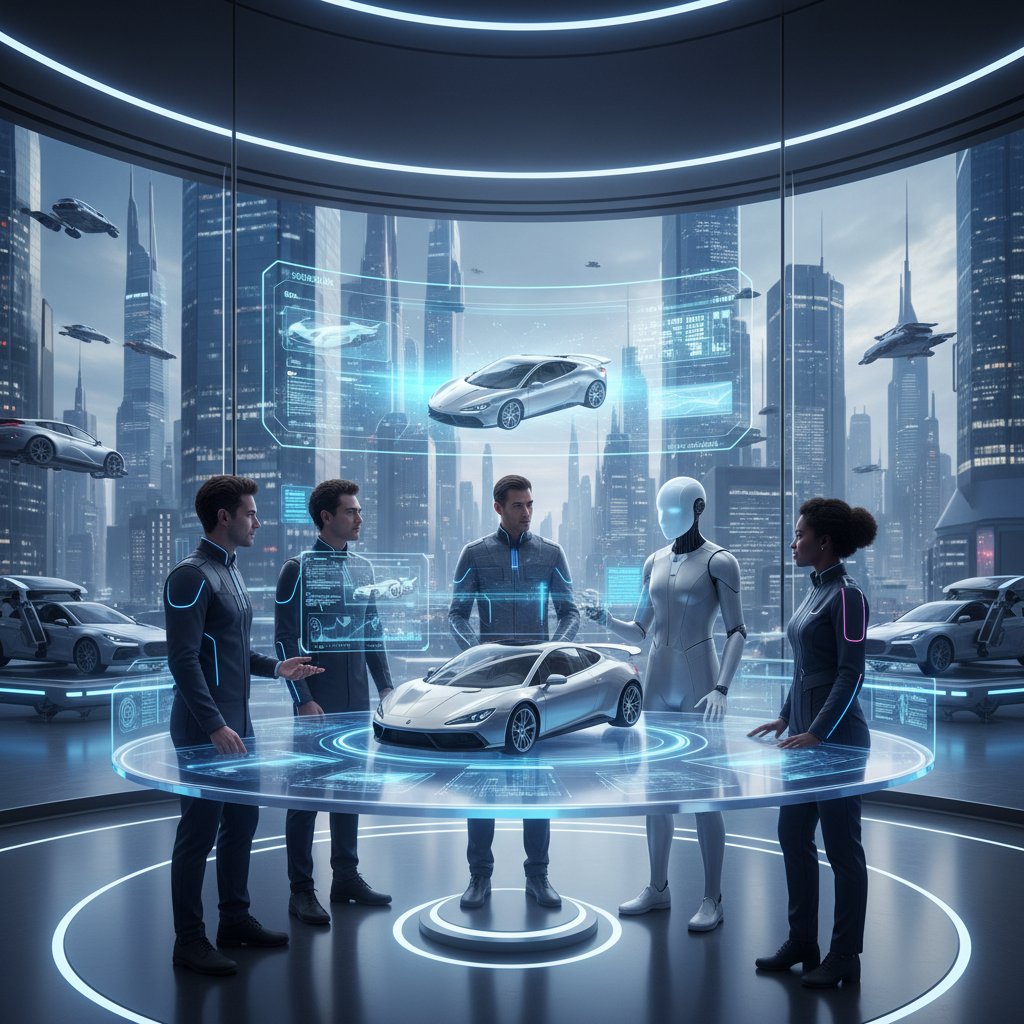 Futuristic photo of negotiation with holographic car display and diverse buyers, symbolizing the future of used car negotiation