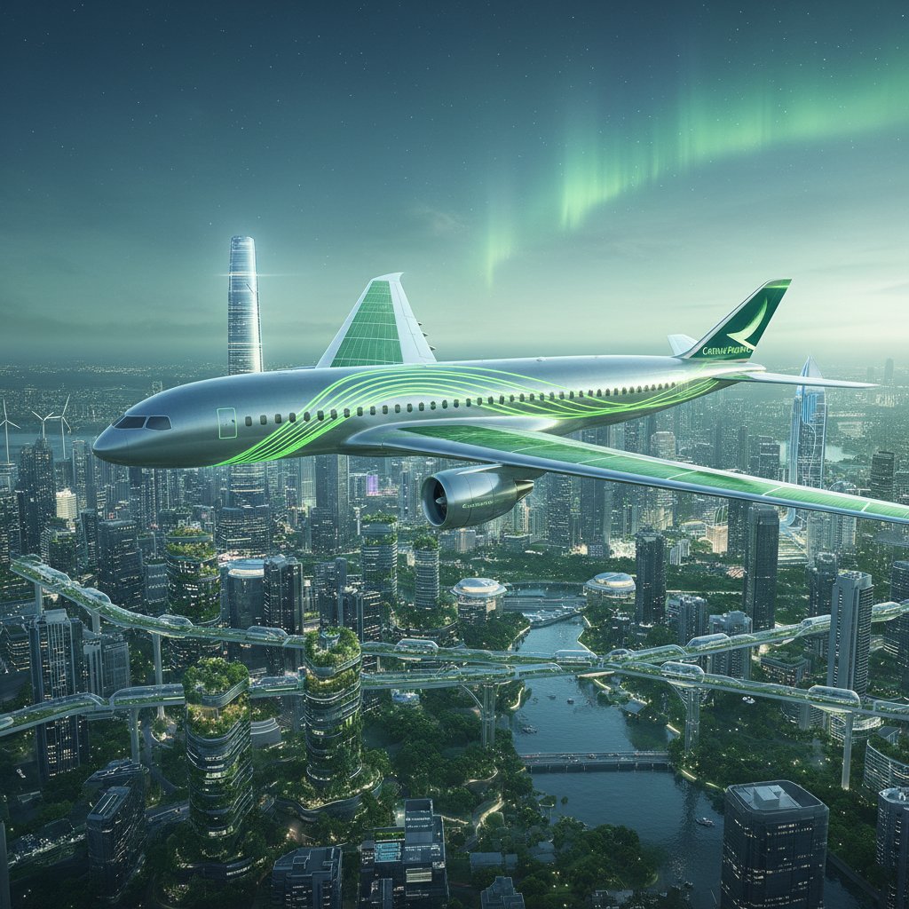 Futuristic Cathay Pacific airplane showcasing sustainability features, green tech, cityscape, bold optimistic look