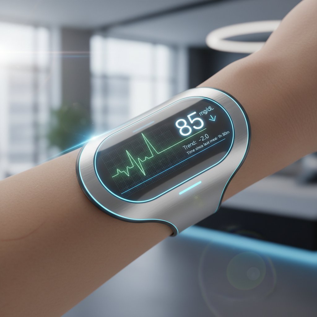 Futurystyczny sensor CGM, nowoczesny design i cyfrowe nakładki