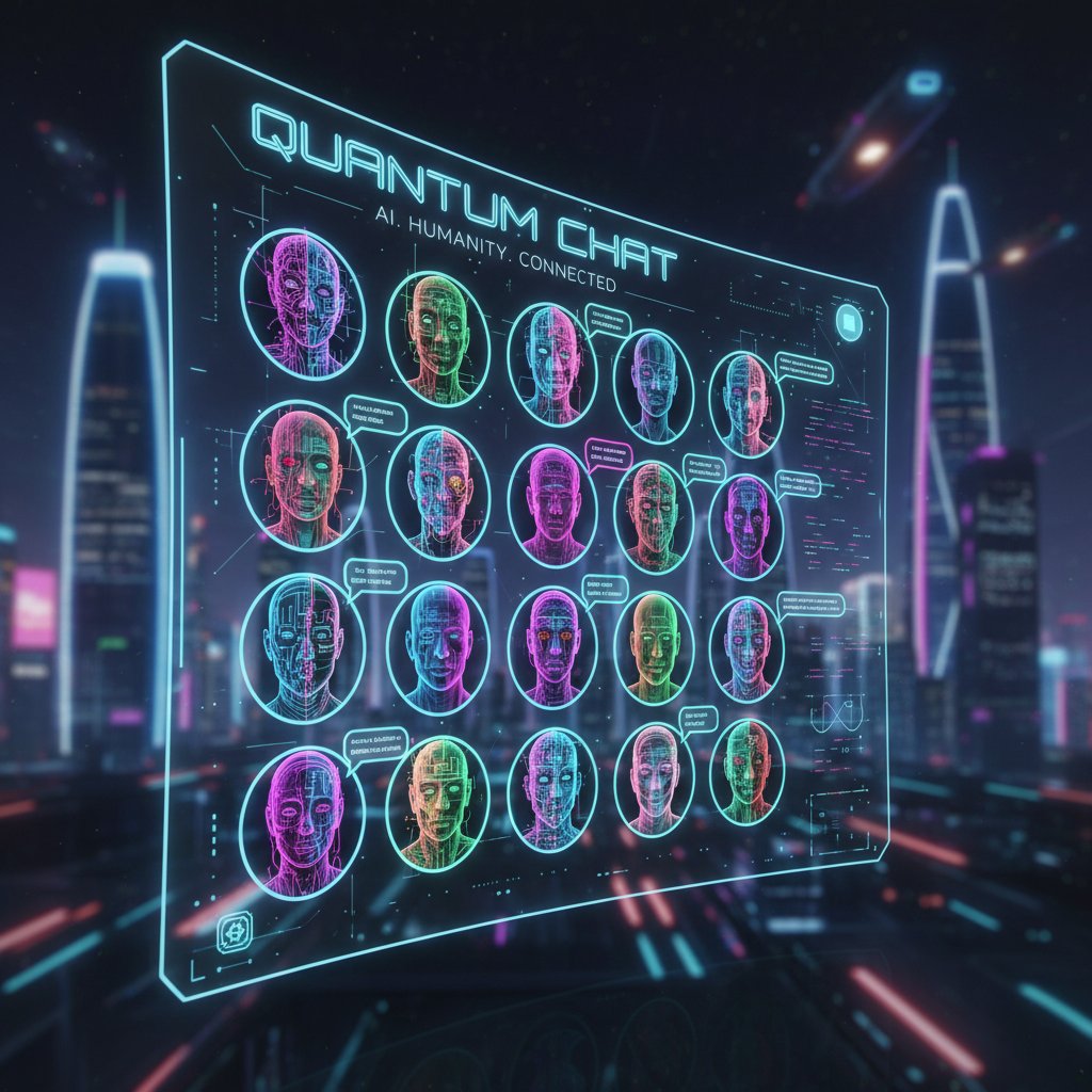 Przyszłość czatów z botami AI, futurystyczny interfejs czatu, awatary AI zlewające się z ludzkimi twarzami